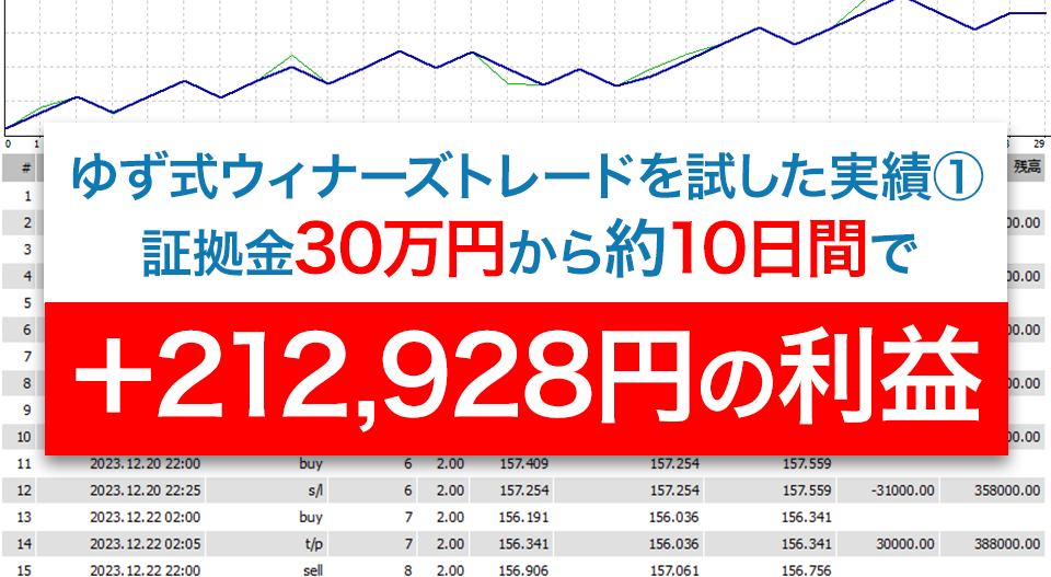 証拠金30万円から約10日間で＋212,928円の利益